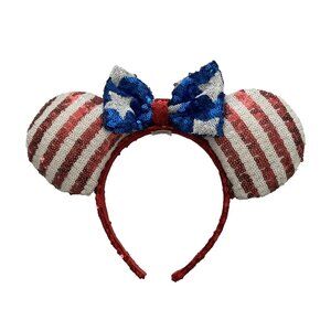 Disney 4th July Patriotic Flag Mickey Mouse Minnie Ears Red White Blue Sequins